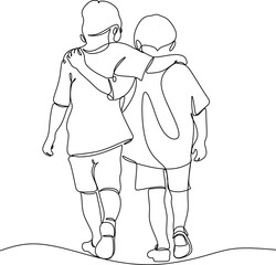 Line drawing of school friends. Boys walk hugging each other