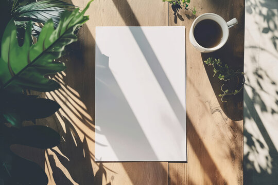 Top view of blank A4 paper mockup on wooden table background. Generative AI