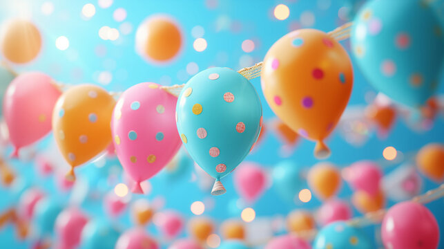 Balloons pastel, Confetti  party set on a blue background. Festive Template in colorful  colors for party illustration, surprise, celebrate, birthday invitation. Realistic colorful confetti style