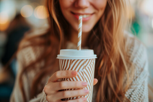 Young woman holding a drink with a straw. Generative AI