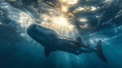 A majestic whale shark gliding through the water, its massive silhouette contrasted against the sunlit surface above - obrazy, fototapety, plakaty