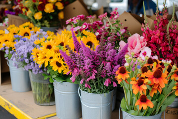Spring flowers at local street market. Generative AI - obrazy, fototapety, plakaty