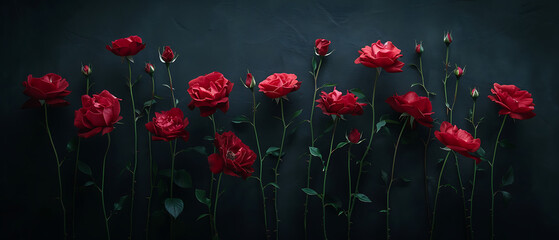 beautiful red roses arranged on a dark background in 