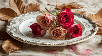 beautiful roses in silver on top of a white plate in 