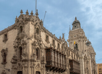 Archbishop's palace and Lima  metropolitan cathedra, lPlaza Mayor (Plaza de Armas) in the historical center of Lima, Peru.