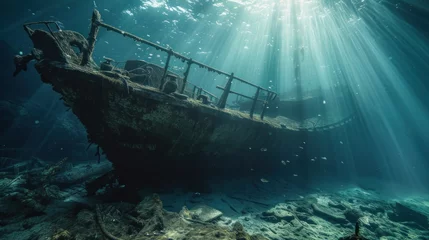 Fotobehang Schipbreuk Shipwreck scenery underwater ship wreck deep blue water ocean scenery of metal underwater