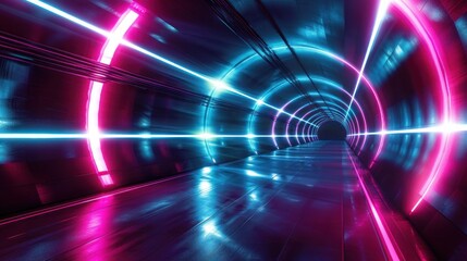 Abstract futuristic background tunnel with pink blue glowing neon moving high speed wave lines