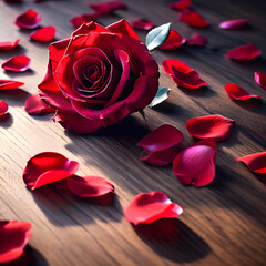 Rose Petals Scattered Across a Varnished Wooden Floor - Natural Light Casting Soft Shadows, Contrasting Textures