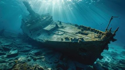 Rolgordijnen Shipwreck scenery underwater ship wreck deep blue water ocean scenery of metal underwater © Ruslan Gilmanshin