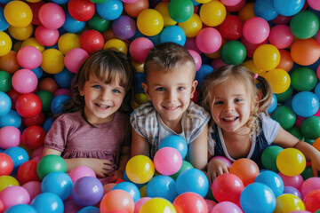 Fototapeta na wymiar view portrait of three happy little children playing ball pit smiling at camera while playing at children's play center
