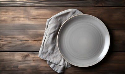 Empty plate and napkin on wooden table, top view. - Powered by Adobe