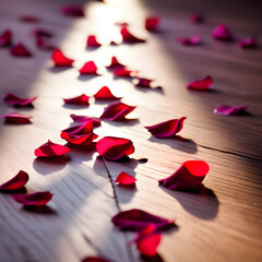 Rose Petals Scattered Across a Varnished Wooden Floor - Natural Light Casting Soft Shadows, Contrasting Textures
