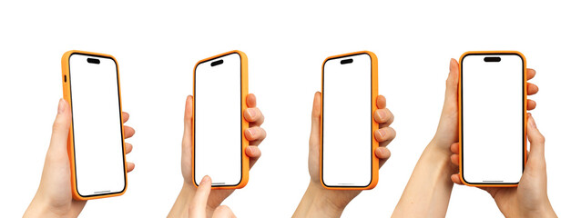 Berlin Germany January 21 2024 Hands holding Iphone, smartphone screens mockups isolated on white - obrazy, fototapety, plakaty