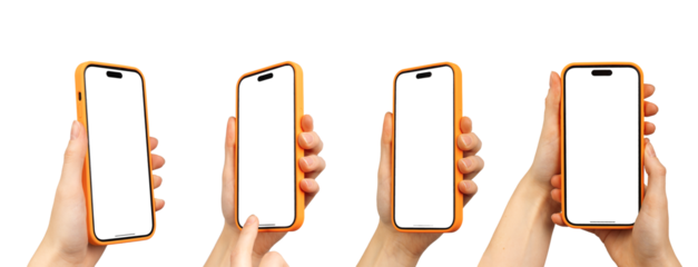 Berlin Germany January 21 2024 Hands holding Iphone, smartphone screens mockups isolated on white