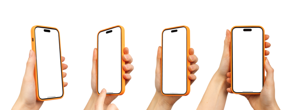 Berlin Germany January 21 2024 Hands holding Iphone, smartphone screens mockups isolated on white