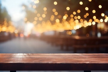 Wooden table in front of blurred cafe background with bokeh lights