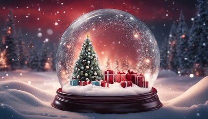 christmas tree with snow highly intricately detailed photograph of    Gorgeous elegant Christmas tree with gifts in red in a snow globe 