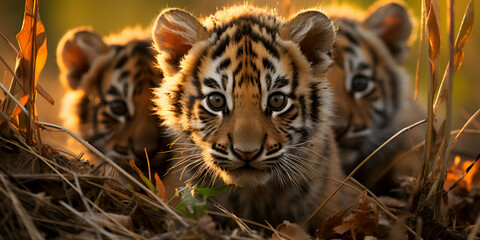 Cute young tiger staring beauty in nature tranquil scene.