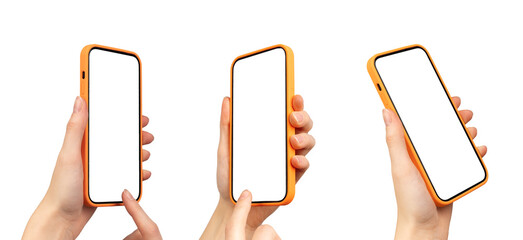 Mobile phone screen mockups. Smartphone, cellphones in hands isolated on white background