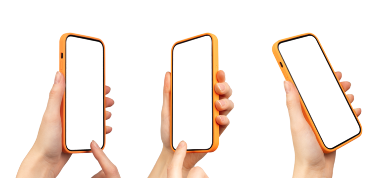 Mobile phone screen mockups. Smartphone, cellphones in hands isolated on white background