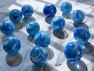 blue glass balls sitting on tabletop surface in - Powered by Adobe