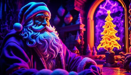 Backlight, Santa Clause, Santa thinking about all the good girls and boys in his workshop next to a neon Christmas tree 