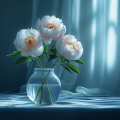 Bouquet of white peonies on a blue background.