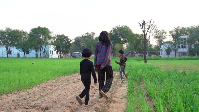 Indian little girls and boys having fun at green field in winter evening. Kids running and dancing at outdoor. Childhood scene and Indian culture concept.