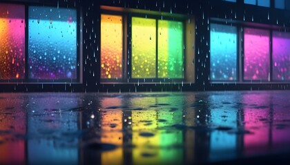 Colorful windows on the street in a rainy evening 