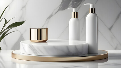 White bottles for cosmetics and towels on a marble surface in the bathroom.