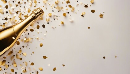 Celebration background with golden champagne bottle, confetti stars  