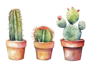 Watercolor illustration of assorted cacti in pots isolated on white background.