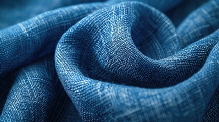 A close-up perspective of textured linen fabric in a classic French Blue, emphasizing its natural, crisp texture, ideal for summer apparel and modern home textiles