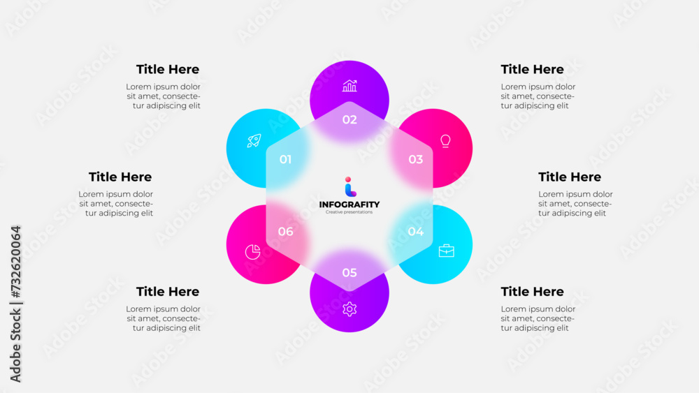 Poster Cycle scheme with six circles and glassmorphism hexagon. Concept of business process with 6 steps. Infographic design template