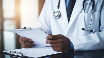 Close-up of a doctor's hands holding a clipboard and documents