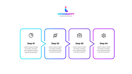 Outline infographic design template. Progress diagram with 4 linear rectangular elements placed in horizontal row. Concept of startup development four options