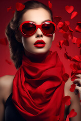 Woman in a red scarf and glasses among falling flower petals on a red background, Womens Day