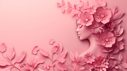 Silhouette of a woman with flowers on a pink background, Women's Day