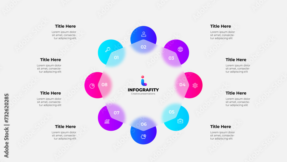 Poster Cycle scheme with eight circles and glassmorphism octagon. Concept of business process with 8 steps. Infographic design template