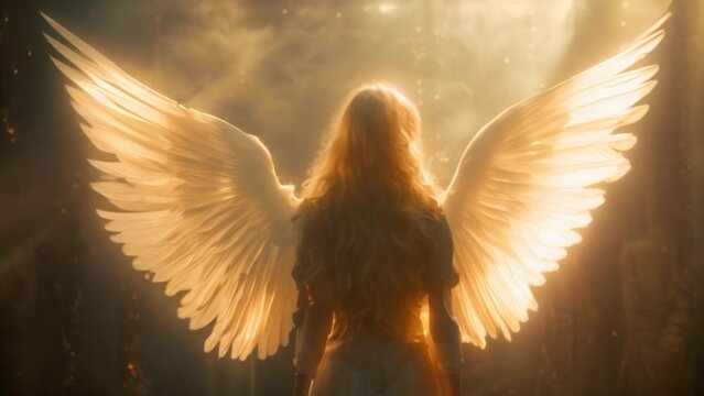 Beautiful woman angel with wings standing in a wonderful miracle light, back view. Faith and religion concept