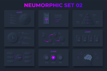Set of neumorphism infographic elements for presentation on a dark background. Clock, smartphone, brain and flowchart diagrams