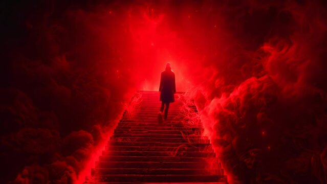 Hell, back view of silhouette of man sinner on stairs, red sky