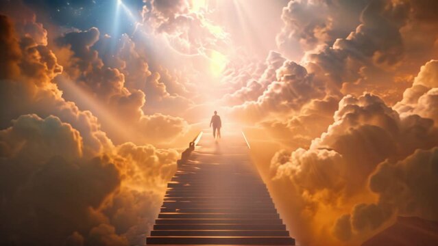 Paradise, back view of the silhouette of a man climbing the stairs to heaven, a wonderful miracle light