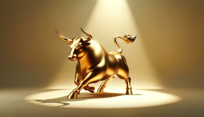 Golden Bull Statue on Beige Background, Wealth Concept