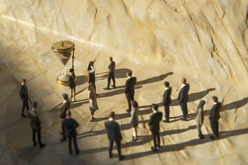 businesspeople standing near an hourglass in