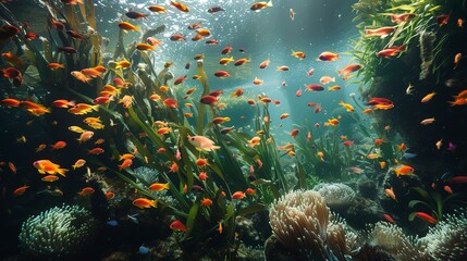 A serene underwater garden of sea anemones and swaying kelp, a peaceful habitat for a diverse array of small, colorful fish - obrazy, fototapety, plakaty