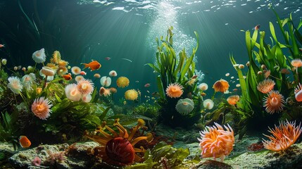 Fototapeta na wymiar A serene underwater garden of sea anemones and swaying kelp, a peaceful habitat for a diverse array of small, colorful fish