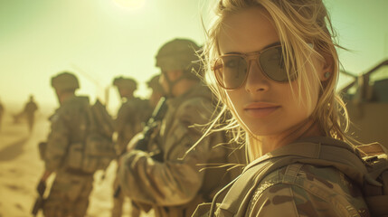 Female soldier in sunglasses with troops in the background - obrazy, fototapety, plakaty