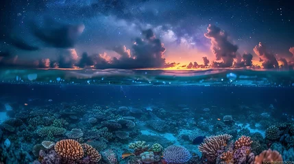Fotobehang A starry sky reflected in the still waters of a coral atoll, the line between sky and sea blurred, a world enveloped in stars  © Thanthara