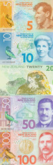 New Zealand dollar, Vertical panorama of New Zealand banknotes, All denominations, Financial concept, close up finance banner